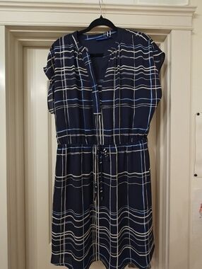 Apt. 9 Navy Plaid Drawstring Midi Dress with Light Blue and White Stripes